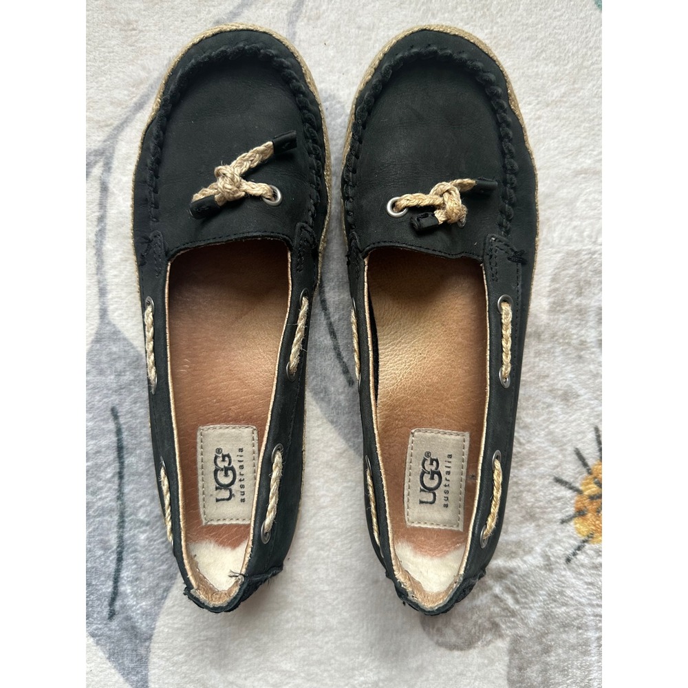 UGG Australia Chivon Black Leather Espadrille Boat Shoes 1004111‎ Womens 6
